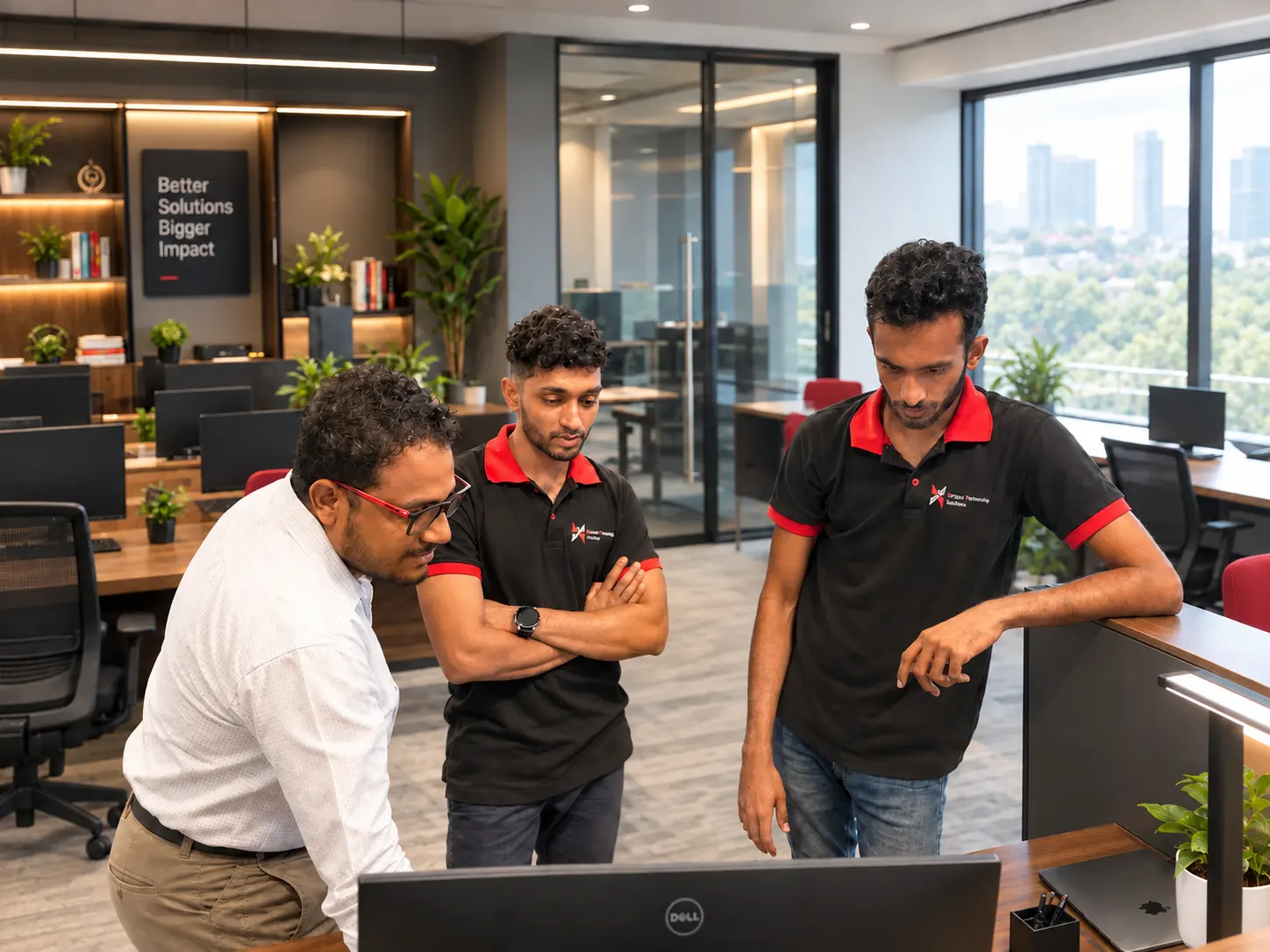 The SP Solutions team reviewing a workflow on screen